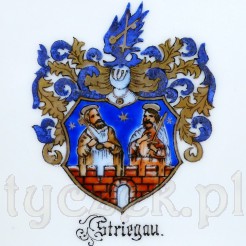 Wyjątkowo pięknie namalowany herb Strzegomia z podpisem STRIEGAU