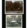 Letnie spotkanie przyjaciół przy kawie oraz gmach starej kamienicy na pamiątkowych fotografiach