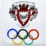 Zbliżenie na detale: ręcznie podmalowana kalkomania z herbem i symbolem olimpijskim. 