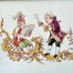 Ręcznie malowana humorystyczna scenka przedstawiająca parę w strojach z epoki baroku