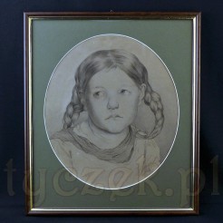 Pełen uroku liryczny portret dziewczynki z warkoczami wykonany ołówkiem. 