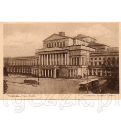 Okazały gmach Teatru Wielkiego w Warszawie uwieczniony na dawnej pocztówce