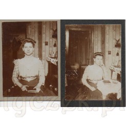 Dwie fotografie na kartonikach przedstawiające młodą dziewczynę pozującą w stylowym wnętrzu