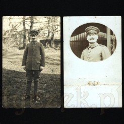 Mężczyzna w mundurze z obfitym wąsem skierowanym ku górze na dwóch pocztówkach