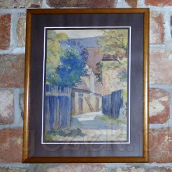 Obraz malowany farbami akwarelowymi z widokiem na wiejskie zabudowania.