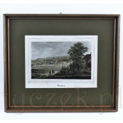 Zachwycająca bogactwem detali barwna grafika z widokiem na panoramę Lauban.