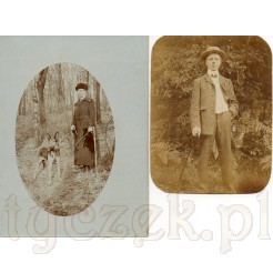 Spacer po lesie z psem oraz elegancki mężczyzna na dwóch czarno białych fotografiach