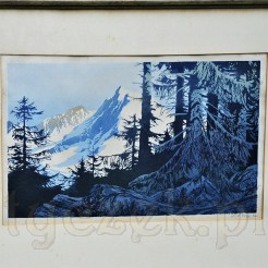 Horyzontalna kompozycja pejzażowa przedstawia ośnieżone, górskie szczyty widziane z perspektywy lasu iglastego