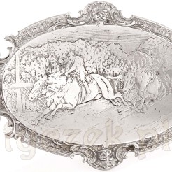 Konne wyścigi zdobią żeliwną paterkę Lauchhammer, sygnowany antyk z lat 1880-1914