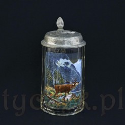 Jeleń na rykowisku - malowany emalią na kuflu kryształowym