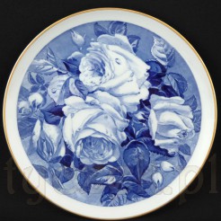 Wyjątkowy talerz Meissen z 1978 r., ręcznie malowany w kobaltowe róże, sygnowany, złote obrzeże. Kolekcjonerski stan, średnica 20 cm