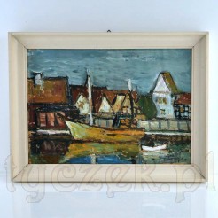 sygnowany obraz z widokiem na domki i łódkę