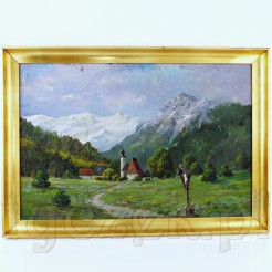  Obraz ukazujący alpejską wioskę na tle górskiego krajobrazu