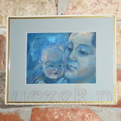 Matka i dziecko na malowanym techniką pasteli niewielkich rozmiarów obrazie.