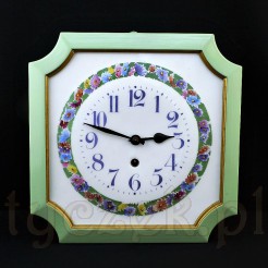 Wyjątkowo piękny zegar emaliowany w drewnianej ramie i oudowie malowanej na kolor miętowo-seledynowy