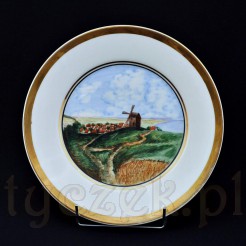 Malowany pejzaż z wiatrakiem na porcelanowym talerzu Bavaria