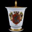Zabytkowa filiżanka porcelanowa z herbem Glatz, złocone uszko, biała porcelana Baensch Lettin, Kłodzko 1927-1945