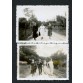 Osoby spacerujące wzdłuż szosy na czarno białych fotografiach z 1933 roku